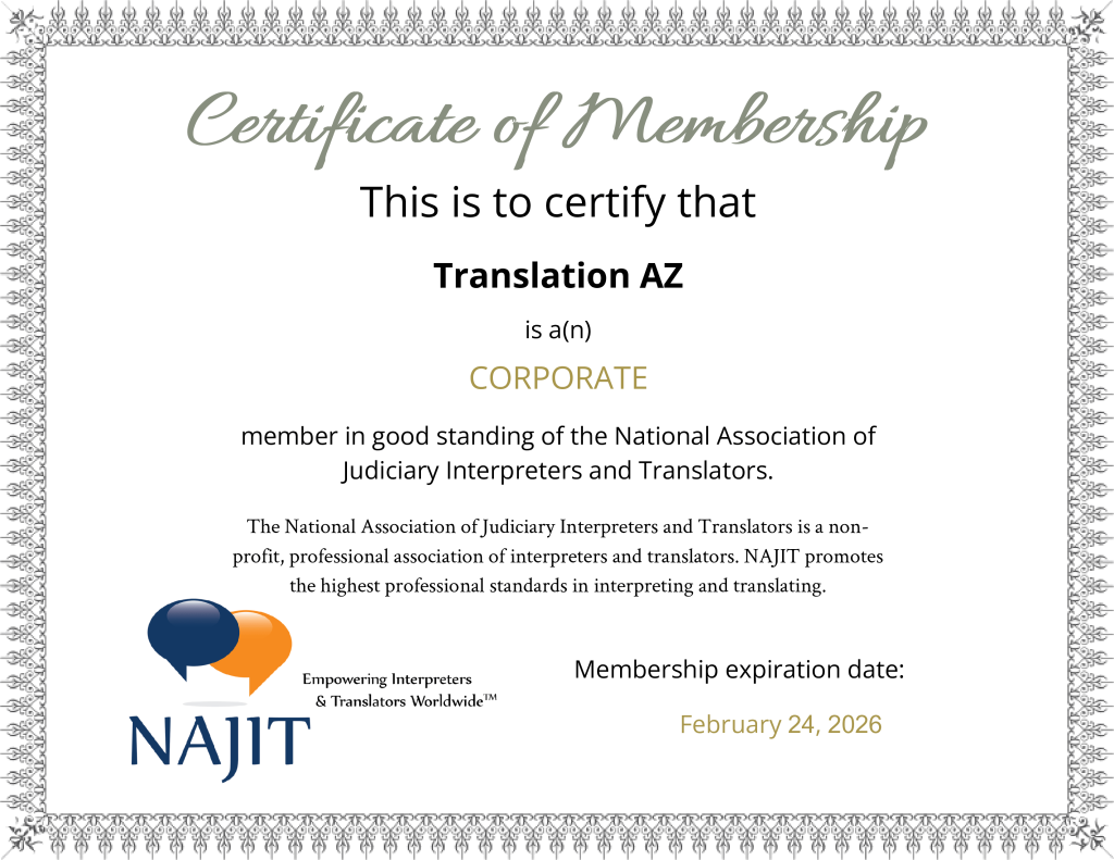 NAJIT membership certificate for Translation AZ